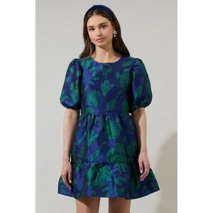 NEW Sugarlips Zoe Jacquard Mila Bubble Sleeve Mini Dress Navy Green Large